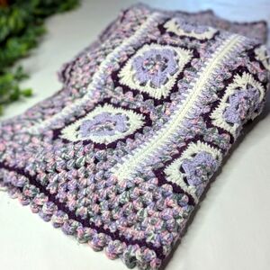 Handmade Hand Crochet Granny Square Blanket Afghan Purple Flower